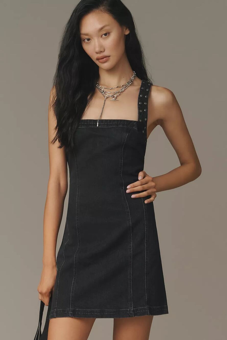 New Anthropologie Pilcro Studded Square-Neck Denim Mini Dress $158 LARGE D Grey